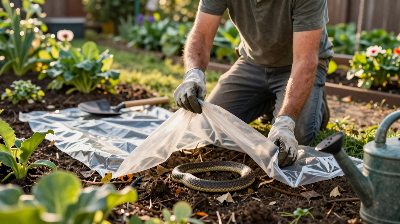 Homem usando luvas captura cobra com saco plástico em jardim com plantas e flores.