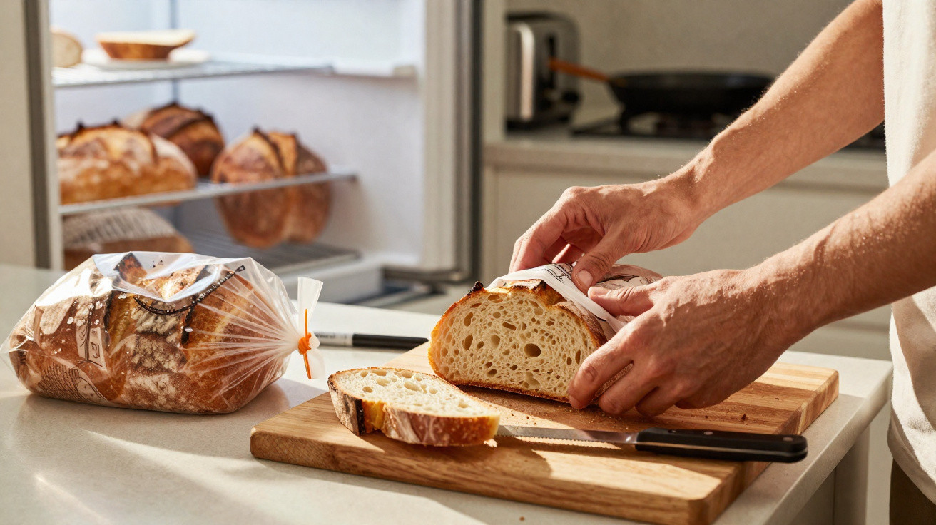 Mãos embalando pão caseiro fatiado sobre tábua de madeira em bancada de cozinha clara.