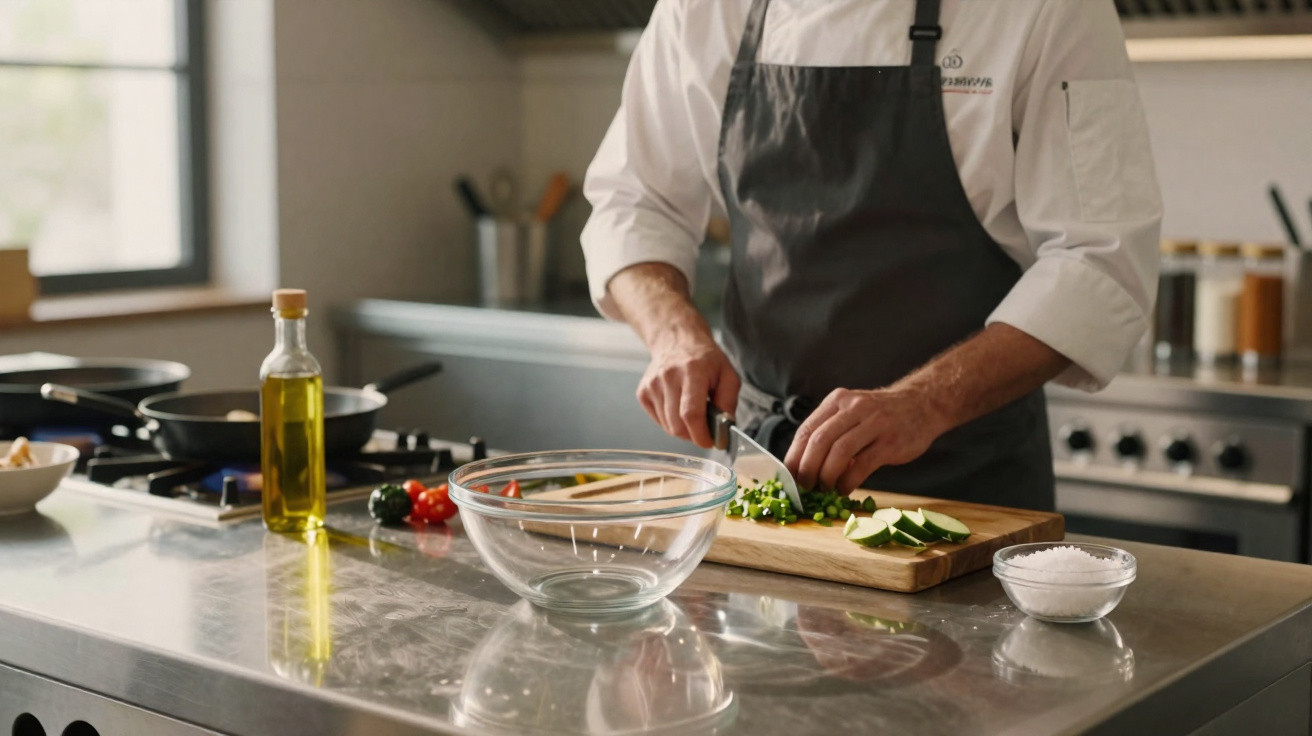 Chef cortando legumes verdes em uma tábua de madeira em cozinha profissional moderna.