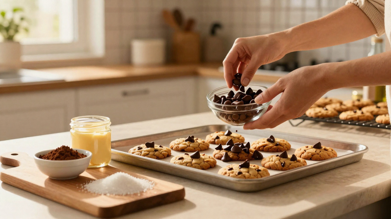 Mãos polvilhando gotas de chocolate em cookies recém-assados sobre bandeja em cozinha iluminada.