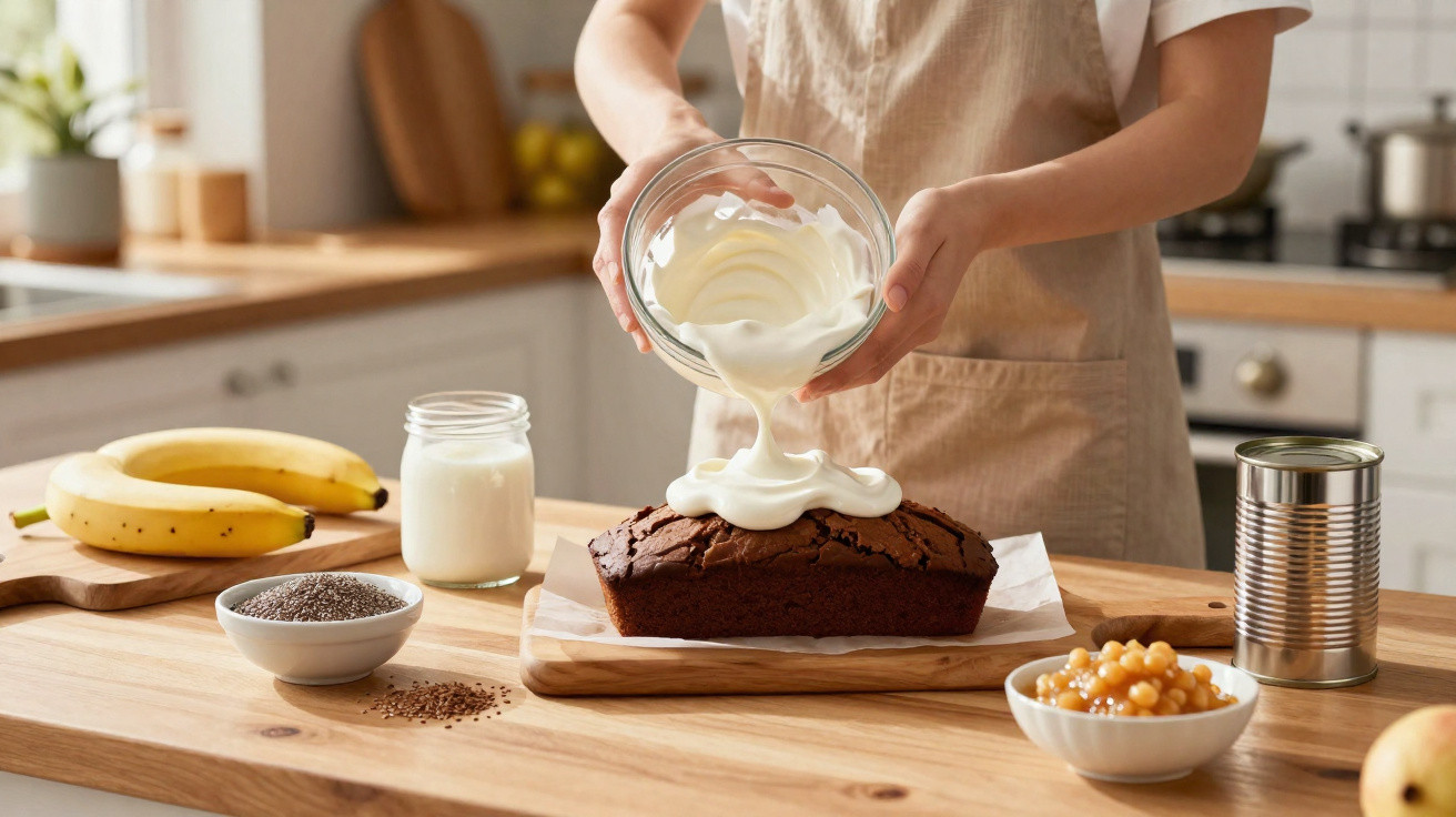 Pessoa despejando cobertura branca sobre bolo de chocolate em cozinha com frutas e potes na mesa.
