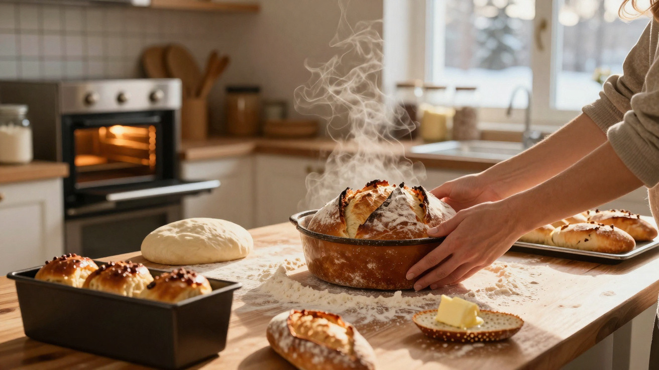 Mãos segurando pão quente saindo do forno em bancada de cozinha com outros pães e manteiga.