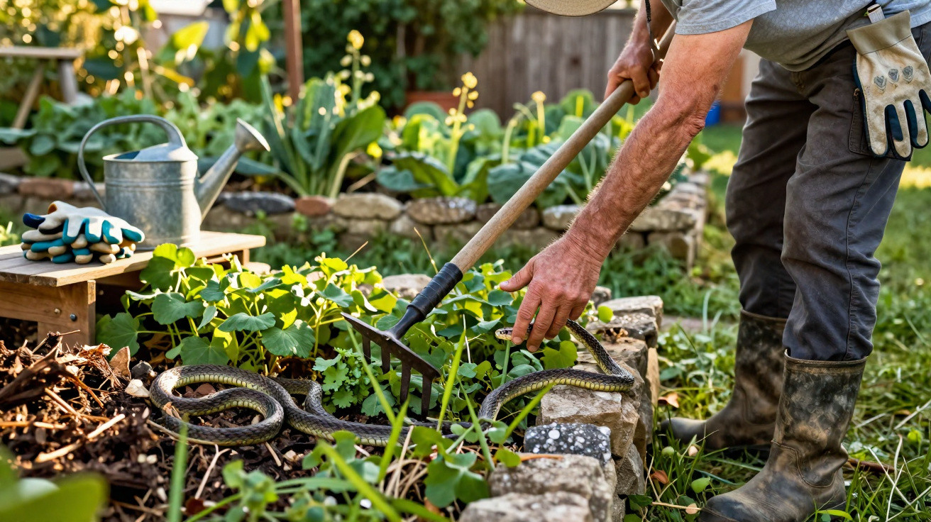 Pessoa usando ancinho para remover cobra de jardim com vegetação e regador ao fundo.