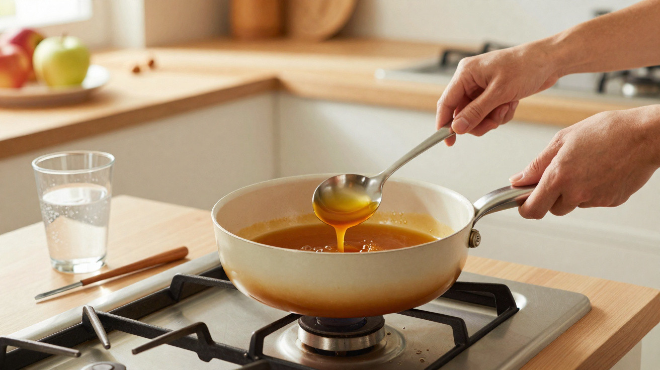 Pessoa mexendo molho dourado em panela no fogão a gás em cozinha iluminada natural.