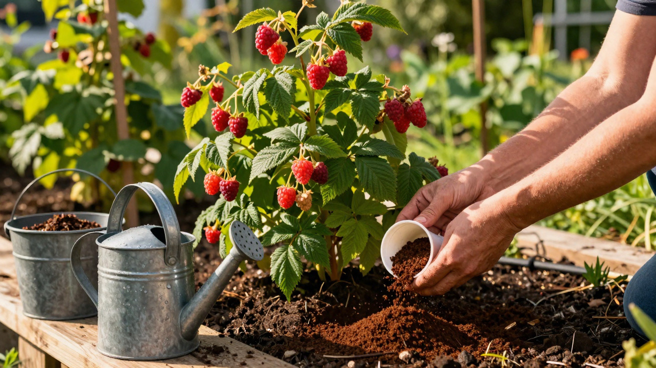 Pessoa adiciona adubo ao solo perto de planta de framboesa com frutos vermelhos em horta ensolarada.