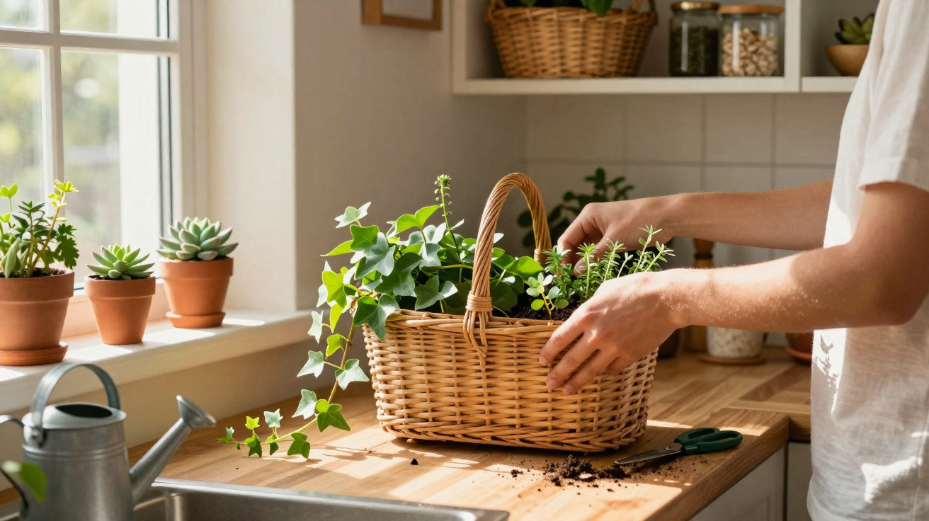 Pessoa cuidando de plantas em vaso de palha sobre bancada de cozinha iluminada por janela.
