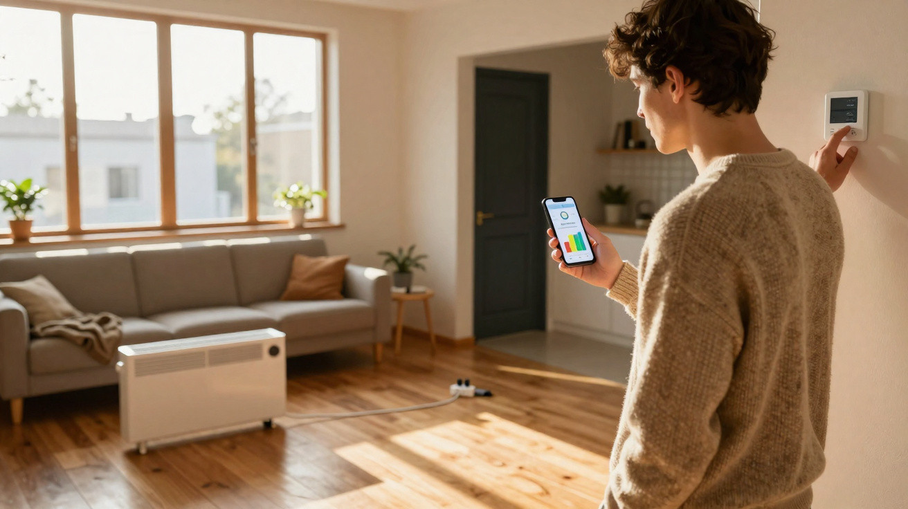 Jovem ajusta termostato enquanto verifica aplicativo de controle de temperatura em smartphone em sala iluminada.