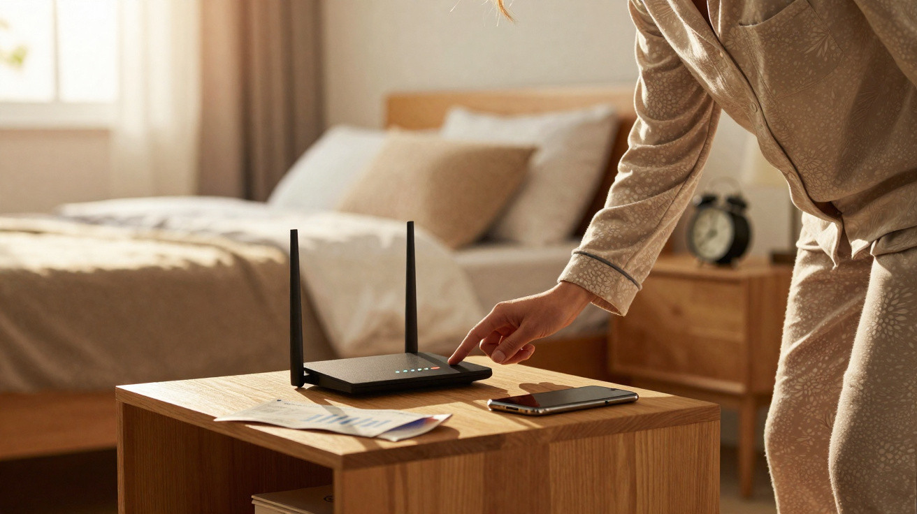 Pessoa em pijama ajustando roteador Wi-Fi em mesa de madeira ao lado de smartphone e documentos, em quarto iluminado.