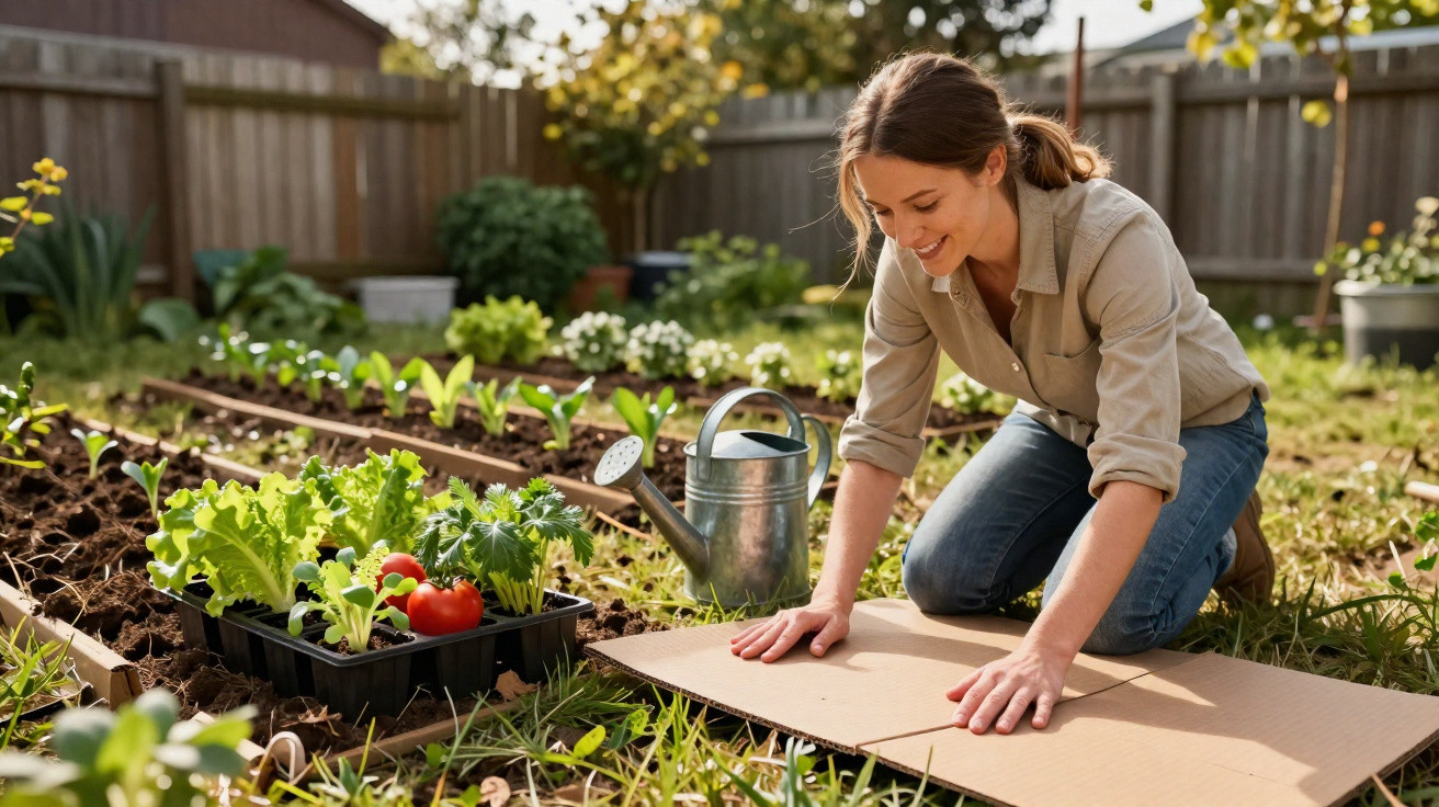 Mulher ajoelhada preparando o solo no jardim para plantar verduras orgânicas em canteiros.