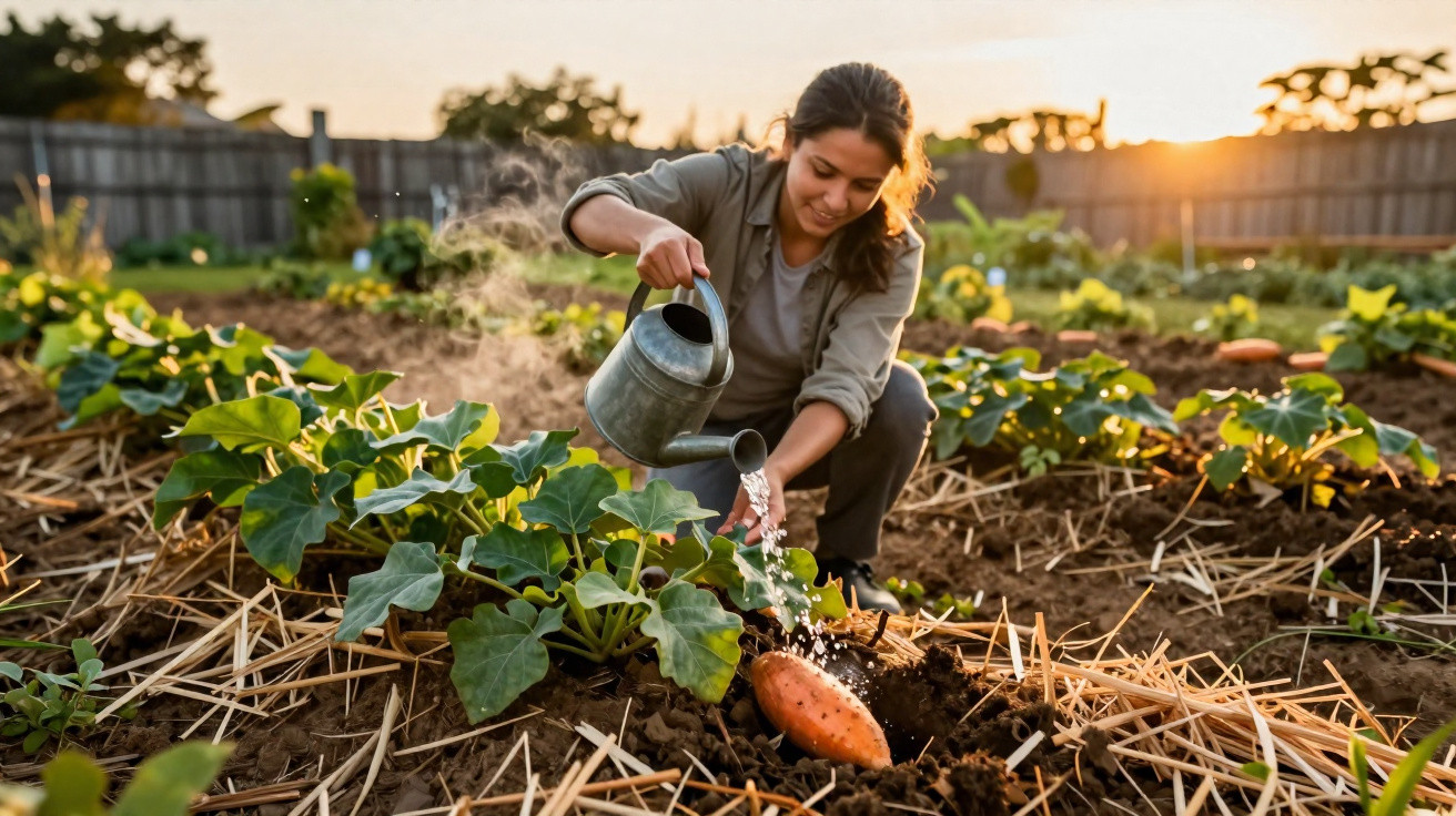 Mulher regando planta em horta durante o pôr do sol com raízes visíveis e solo coberto por palha.