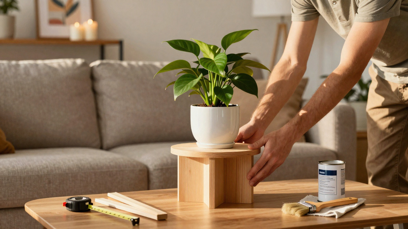 Pessoa ajustando suporte de madeira com vaso e planta em mesa de centro na sala.
