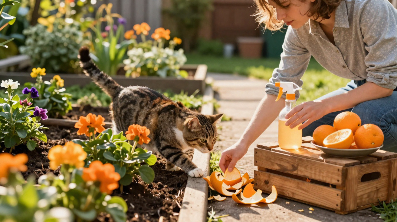 Mulher alimenta gato com cascas de laranja em jardim com flores durante dia ensolarado.