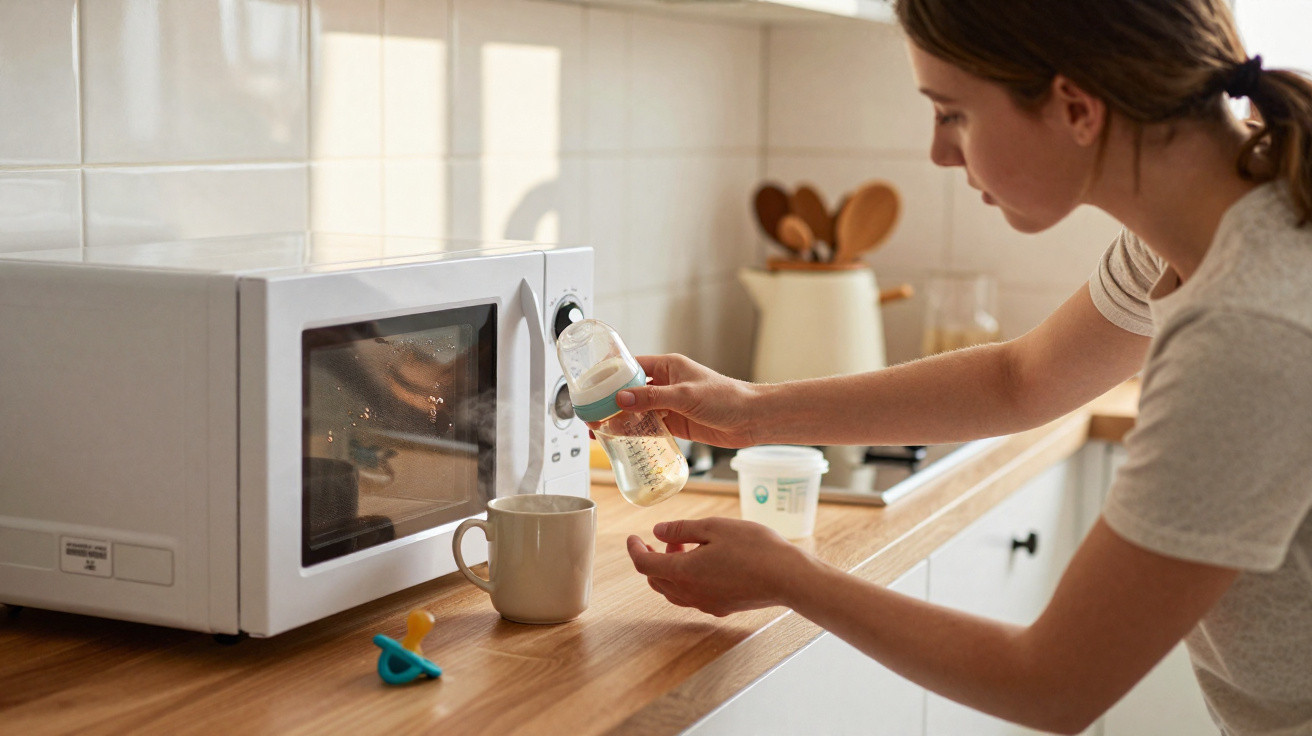 Mulher preparando mamadeira ao lado de micro-ondas em cozinha com bancada de madeira.
