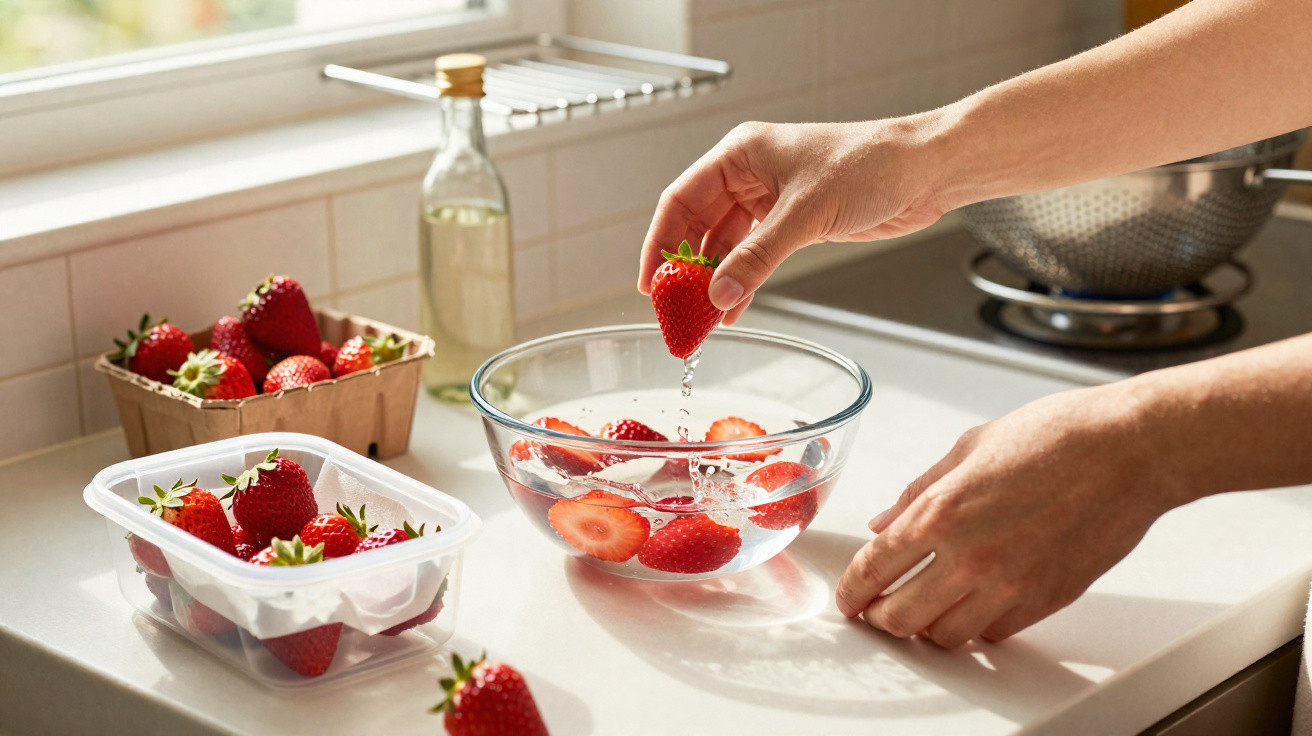 Pessoa lavando morangos em uma tigela de vidro na cozinha com frutas frescas ao redor.