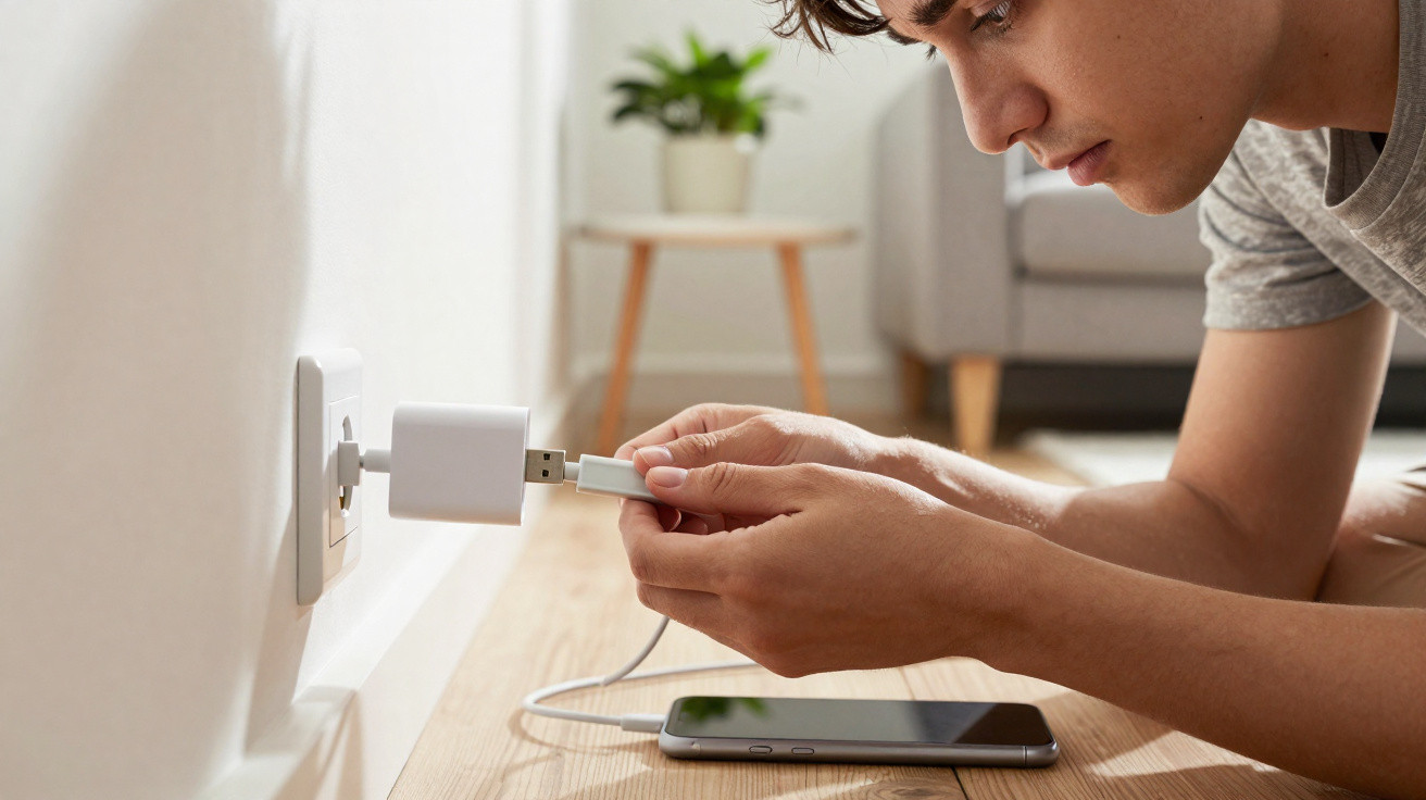 Homem conectando cabo USB em carregador de tomada com celular no chão ao lado.