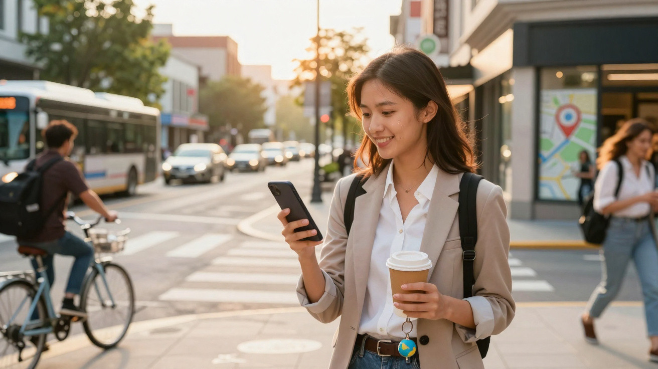 Mulher sorrindo, segurando café e celular, atravessando rua movimentada ao entardecer em área urbana.