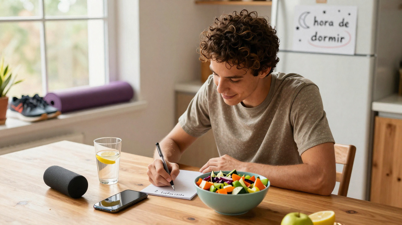 Jovem sentado à mesa escrevendo, com salada, garrafa de água, celular e caixa de som ao redor.