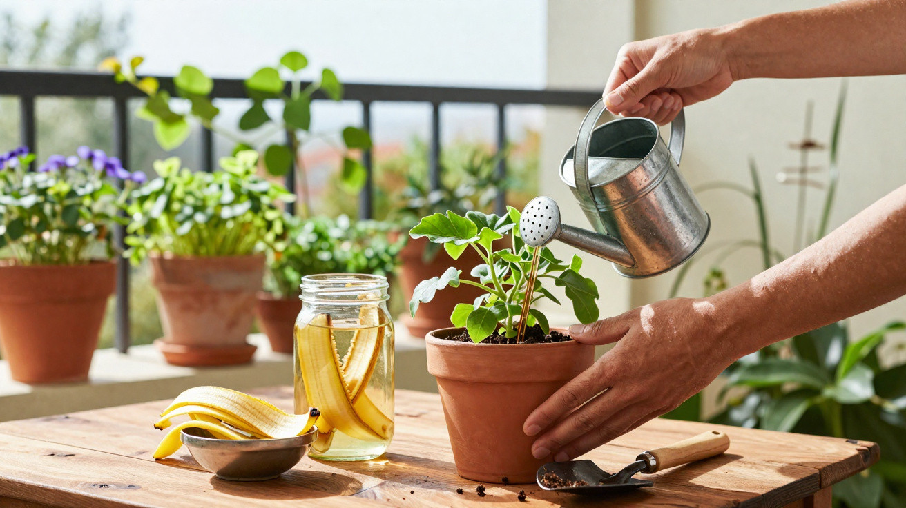Pessoa regando planta em vaso de barro em varanda com regador metálico e jarra com cascas de banana.