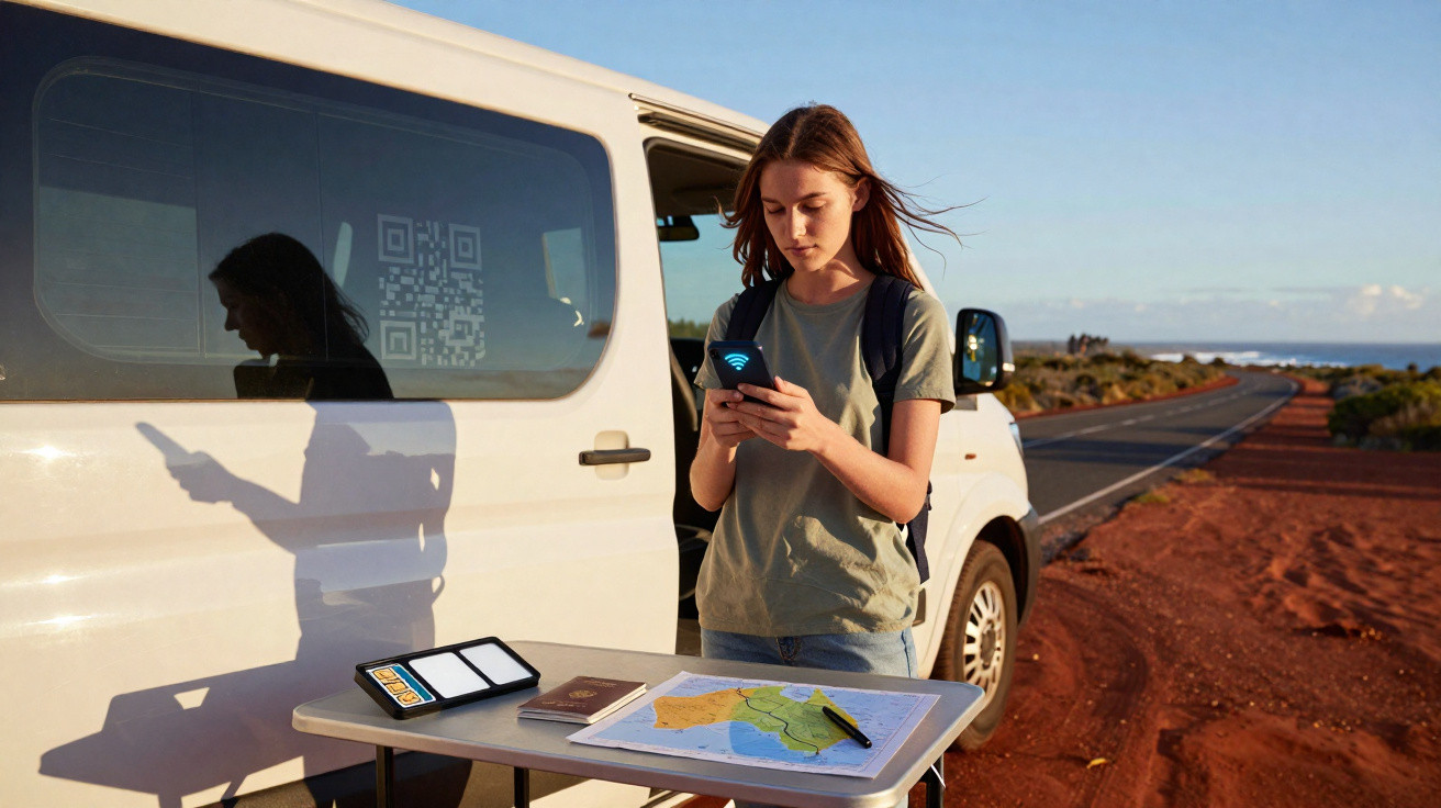 Jovem com mochila usa celular ao lado de van branca estacionada, com mapa e tablet sobre mesa em estrada deserta.