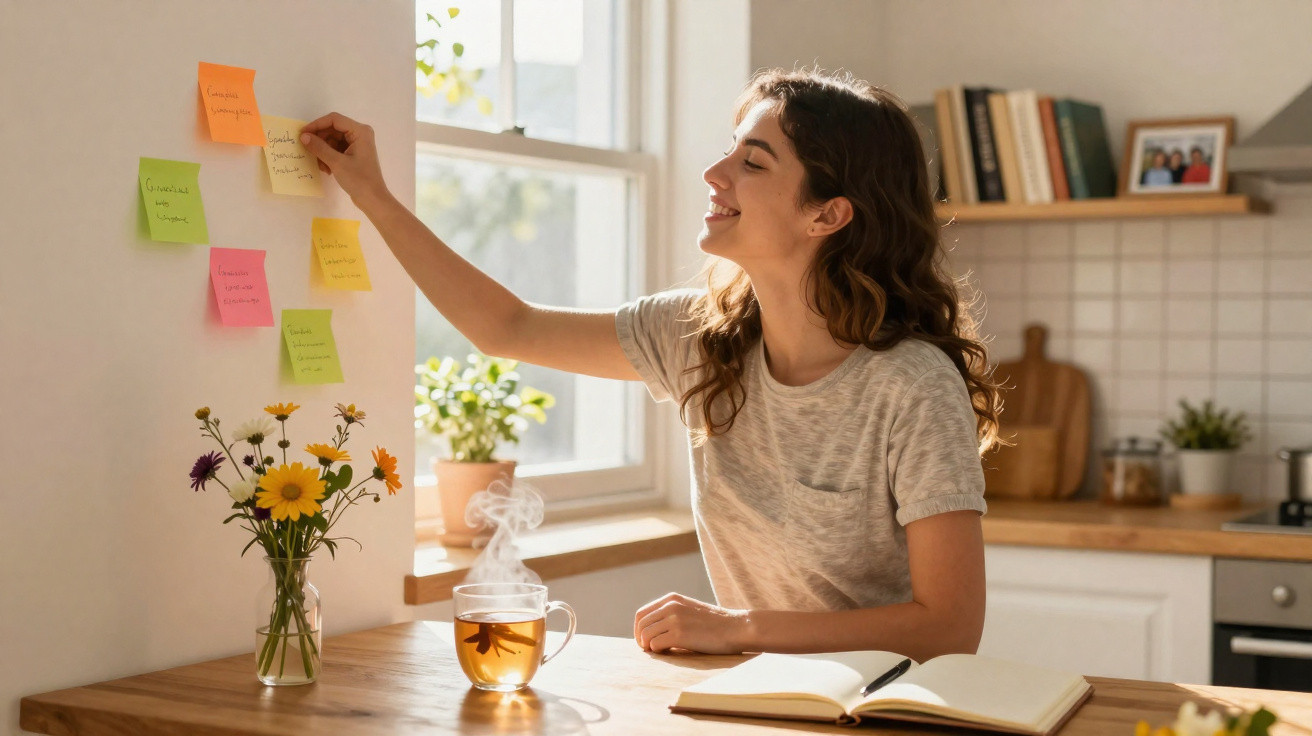 Mulher sorridente organiza notas adesivas na parede em cozinha iluminada, com chá e caderno na mesa.