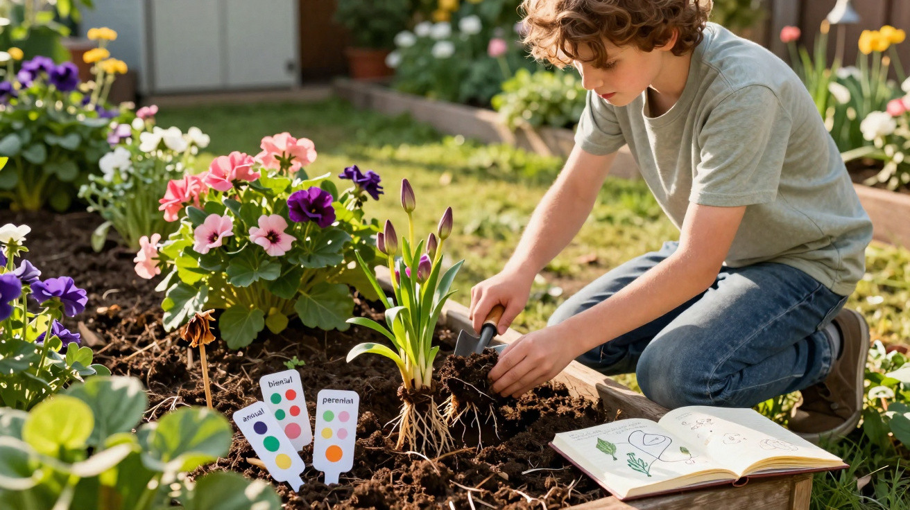 Garoto plantando flores coloridas em canteiro com livro aberto ao lado em jardim ensolarado.