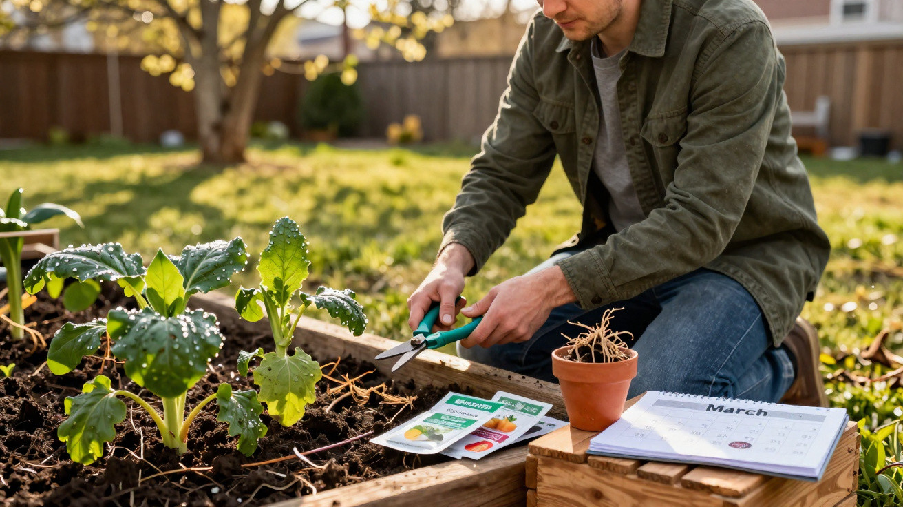 Homem cuidando de plantas em canteiro elevado com tesoura de poda, sementes e calendário ao lado.
