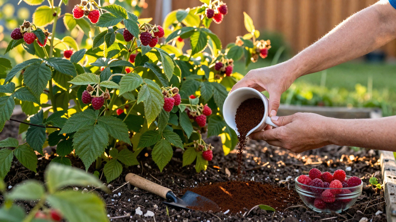 Mãos fertilizando solo em jardim com plantas de framboesa maduras e uma tigela com frutas colhidas.
