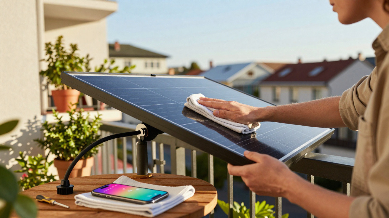 Pessoa limpando painel solar com pano branco em varanda, com celular e ferramentas na mesa.