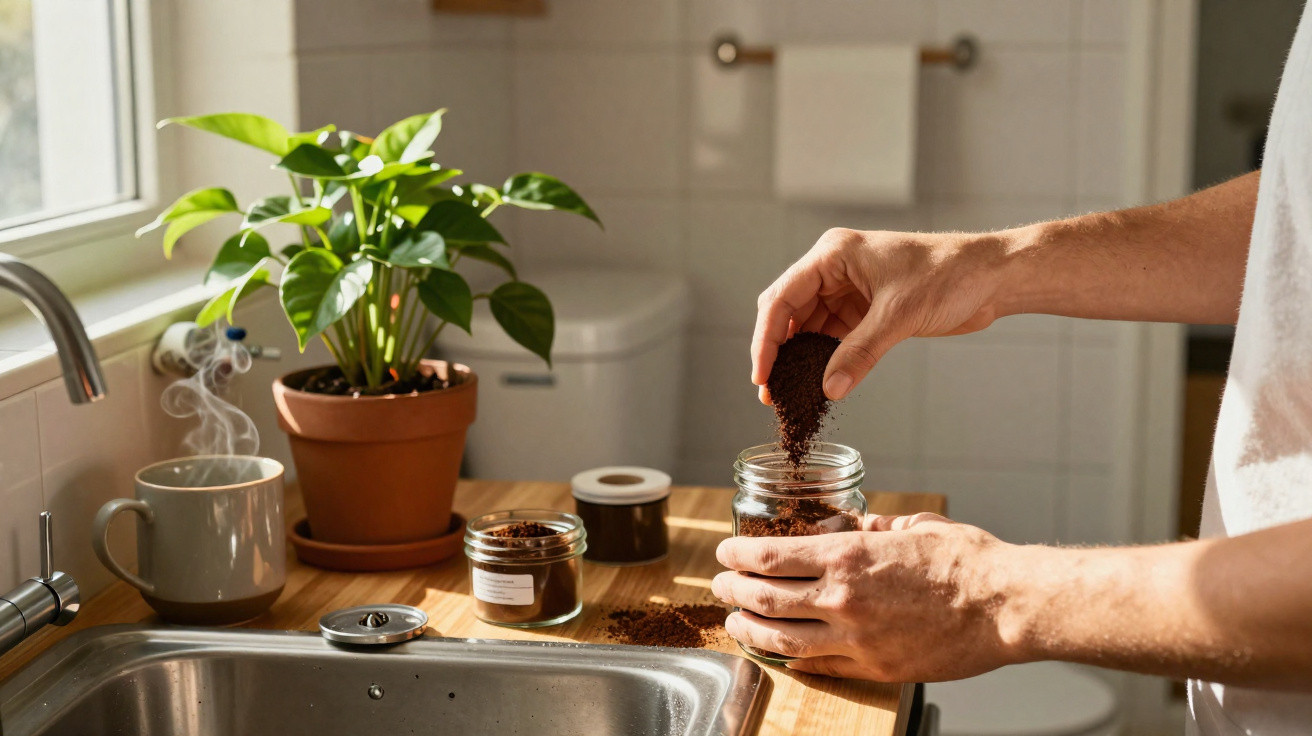 Mãos colocando café moído em pote de vidro na bancada de cozinha com planta e xícara fumegante ao lado.