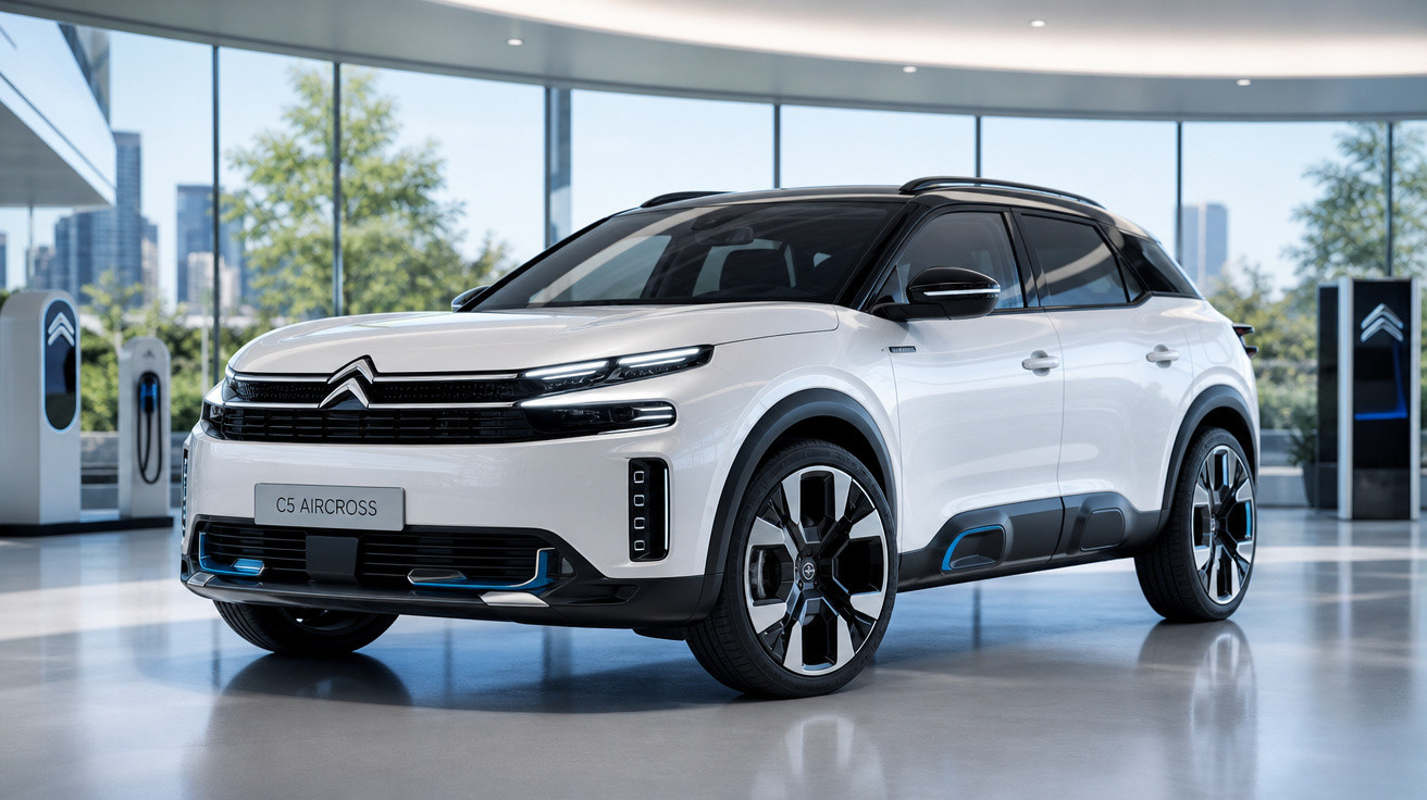 SUV Citroën C5 Aircross branco estacionado em showroom moderno com acabamentos pretos e detalhes azuis.