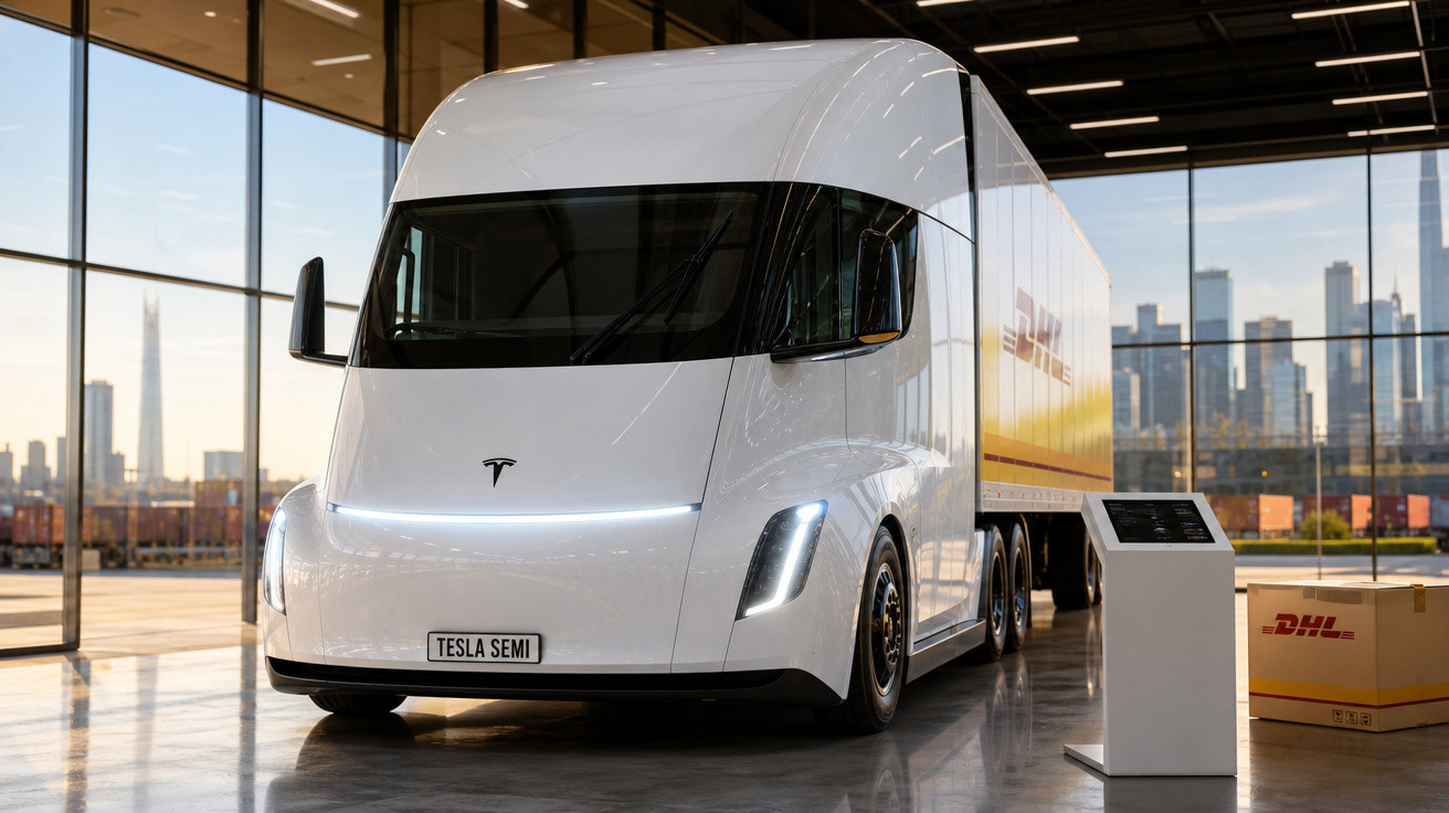 Caminhão elétrico Tesla Semi branco exposto em galpão com caixas DHL ao lado e cidade ao fundo.