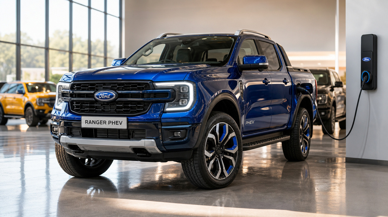 Picape Ford Ranger PHEV azul carregando em estação elétrica dentro de showroom.