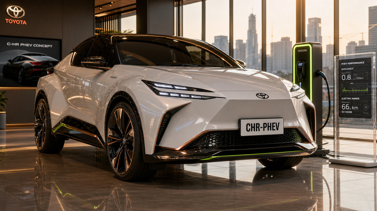 Carro elétrico Toyota C-HR PHEV branco em exibição, conectado a carregador em showroom moderno.
