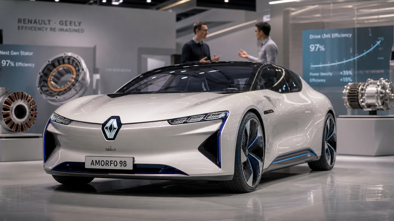 Carro conceito elétrico branco da Renault Geely em exposição, com duas pessoas conversando ao fundo.
