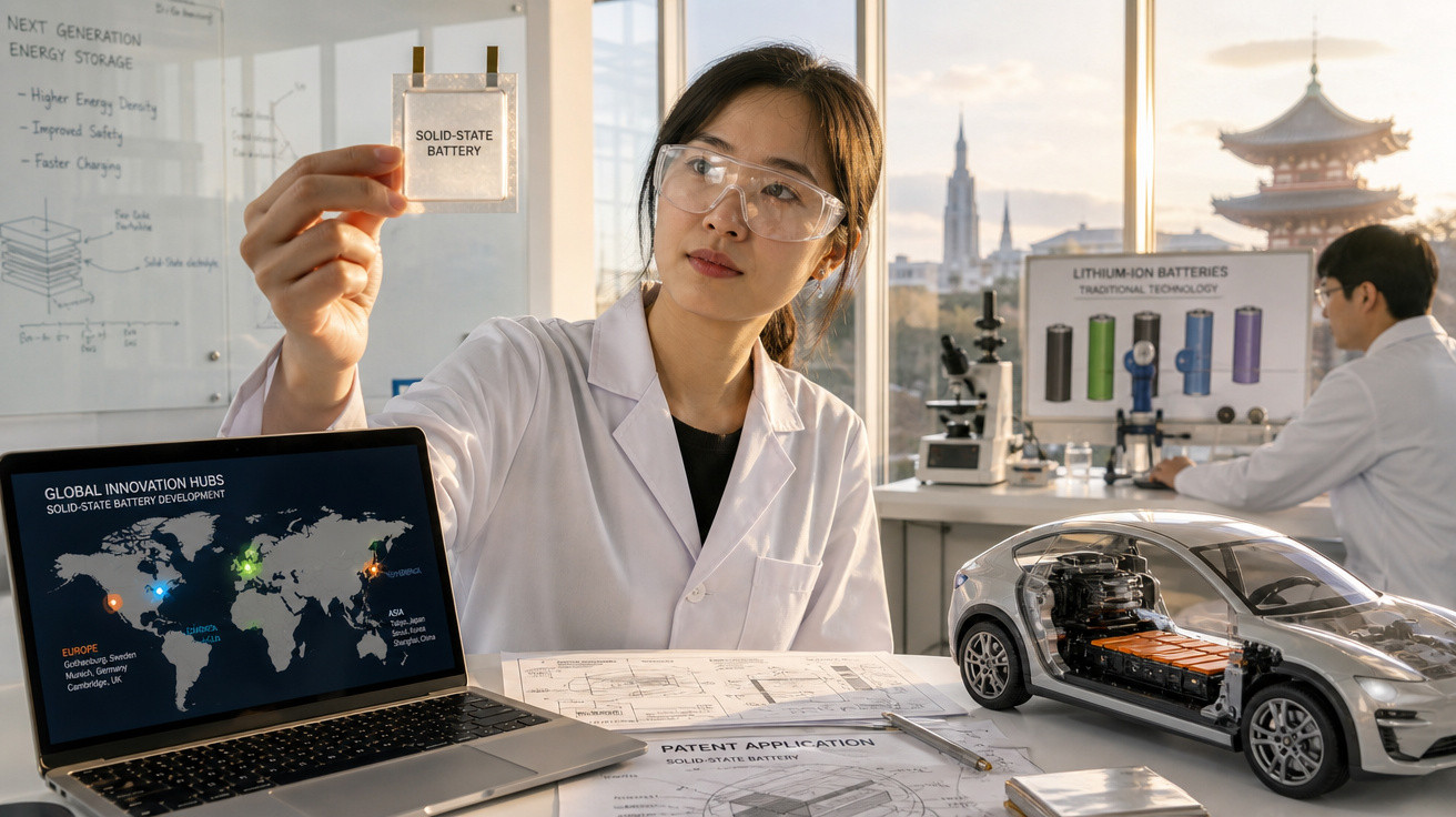 Pesquisadora em laboratório segurando bateria de estado sólido com gráfico de inovação e modelo de carro elétrico.