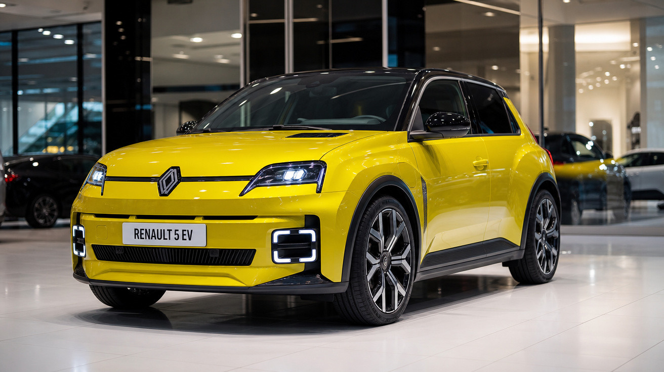 Carro elétrico Renault 5 EV amarelo em exposição, design moderno e iluminação LED em showroom.