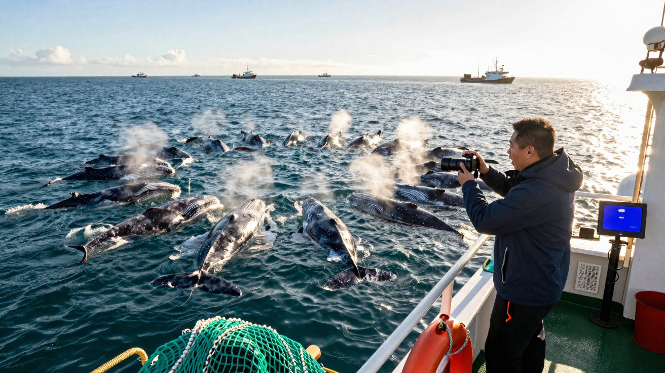 Homem fotografa baleias que emergem no mar próximo a barco durante o dia ensolarado.