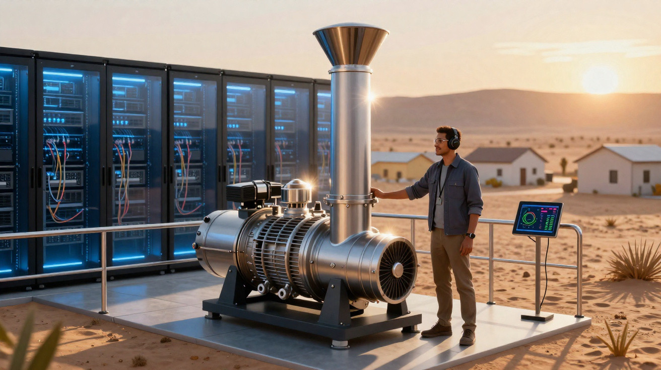 Homem com fones operando máquina industrial em plataforma externa com servidores ao fundo no deserto ao pôr do sol.