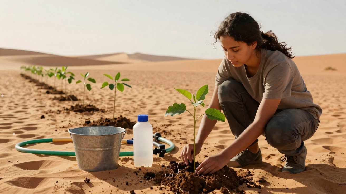 Mulher plantando mudas em área desértica com balde, mangueira e garrafa ao lado.
