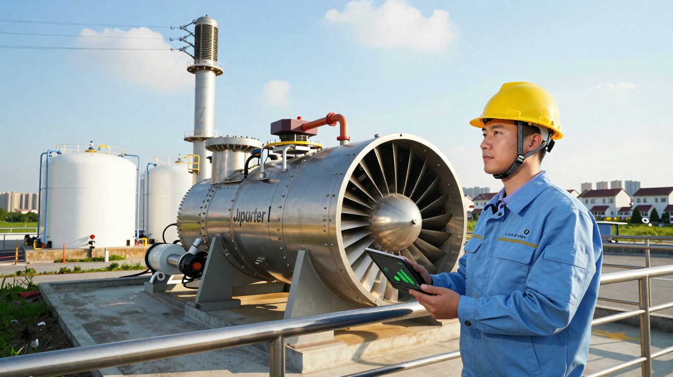 Engenheiro com capacete amarelo segurando tablet próximo à turbina industrial ao ar livre em dia ensolarado.