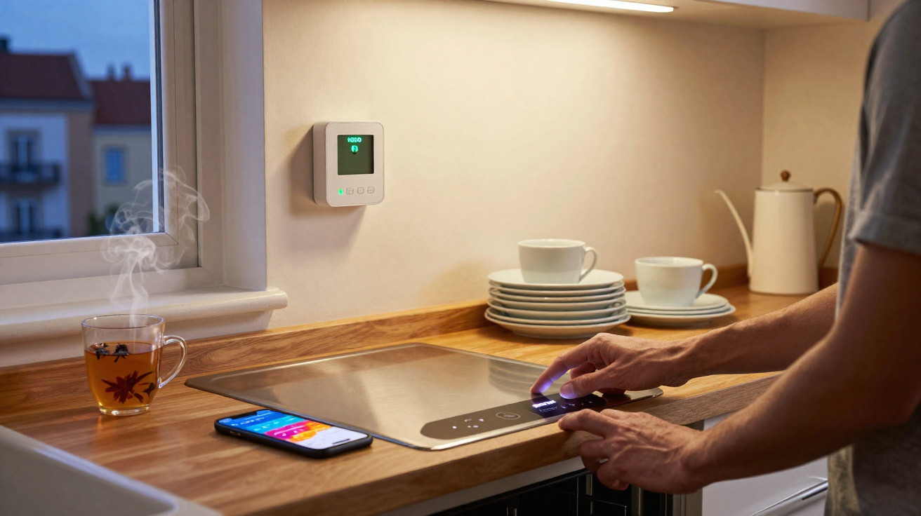 Pessoa ajustando painel digital em cooktop na cozinha com xícara de chá fumegante e celular à esquerda.