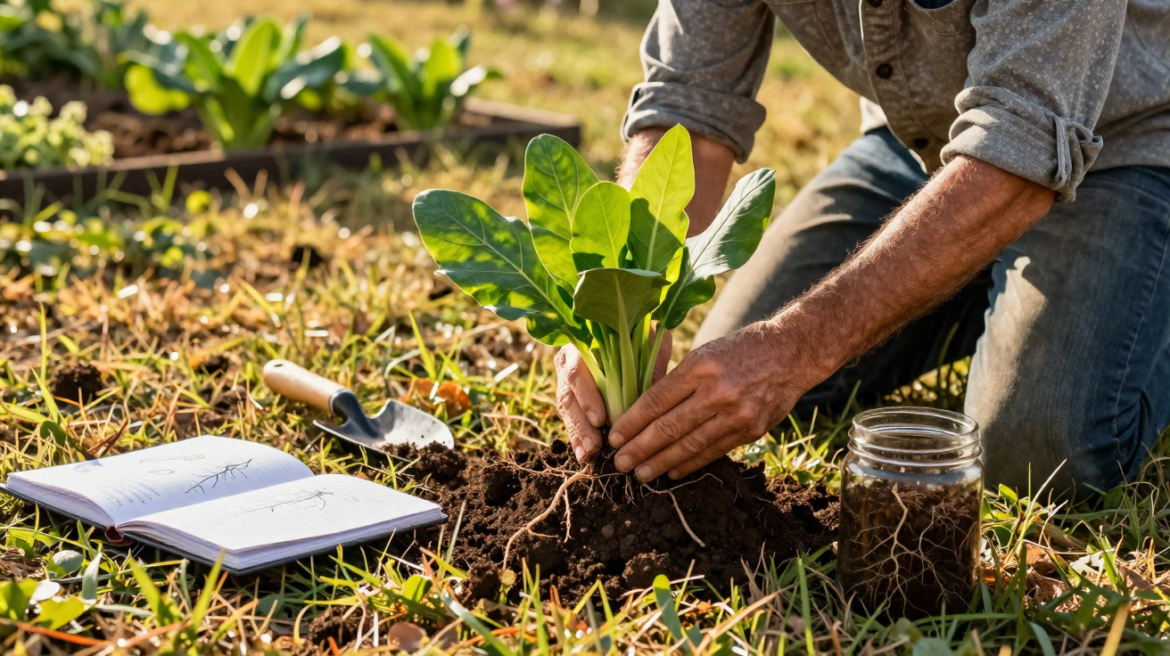 Pessoa transplantando muda verde em solo de horta com caderno aberto, pá e pote de terra ao lado.