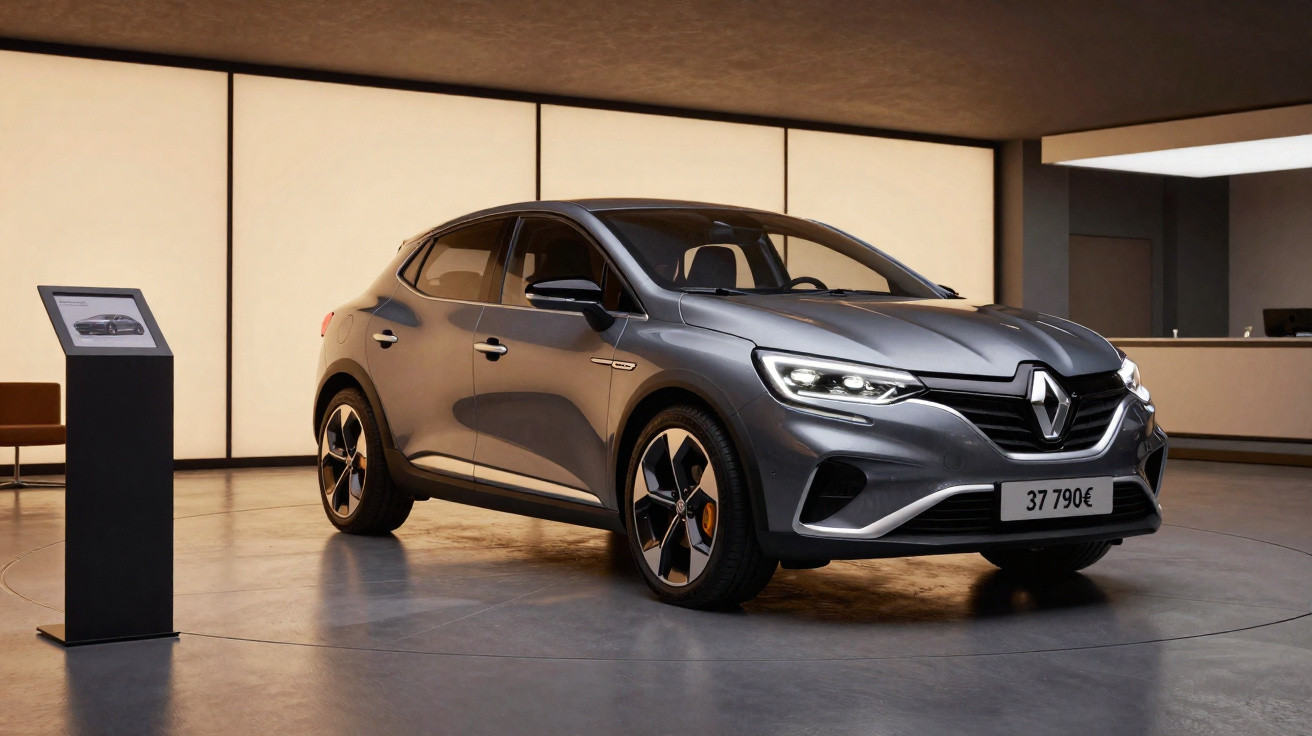 Carro cinza elétrico Renault em ambiente de showroom moderno com iluminação suave.