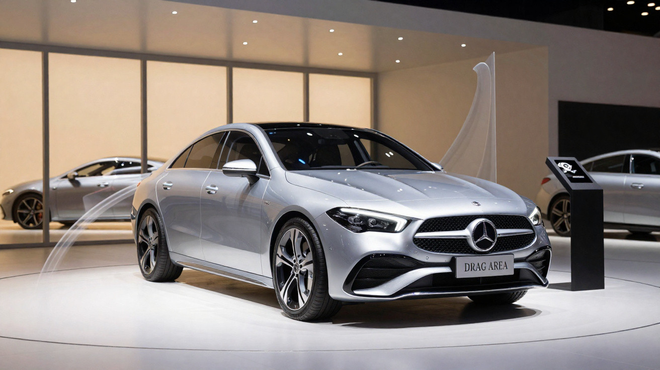 Carro prata Mercedes-Benz sedan exposto em salão com iluminação suave e stand ao lado.