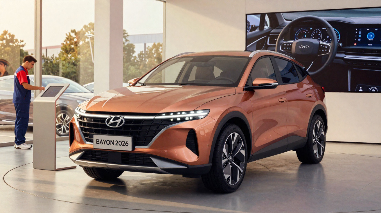Carro Hyundai Bayon 2026 laranja exposto em showroom com painel digital ao fundo e pessoa interagindo com tela.
