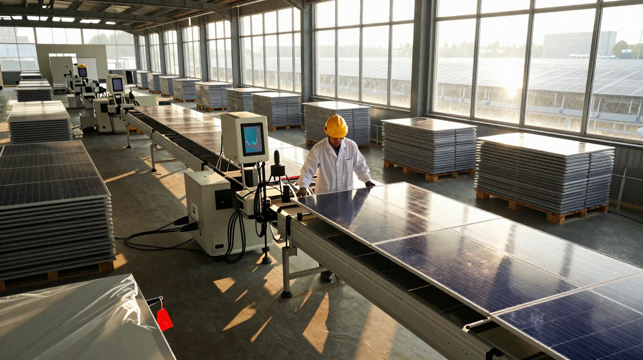 Funcionário inspecionando painéis solares em linha de produção dentro de fábrica iluminada por luz natural.