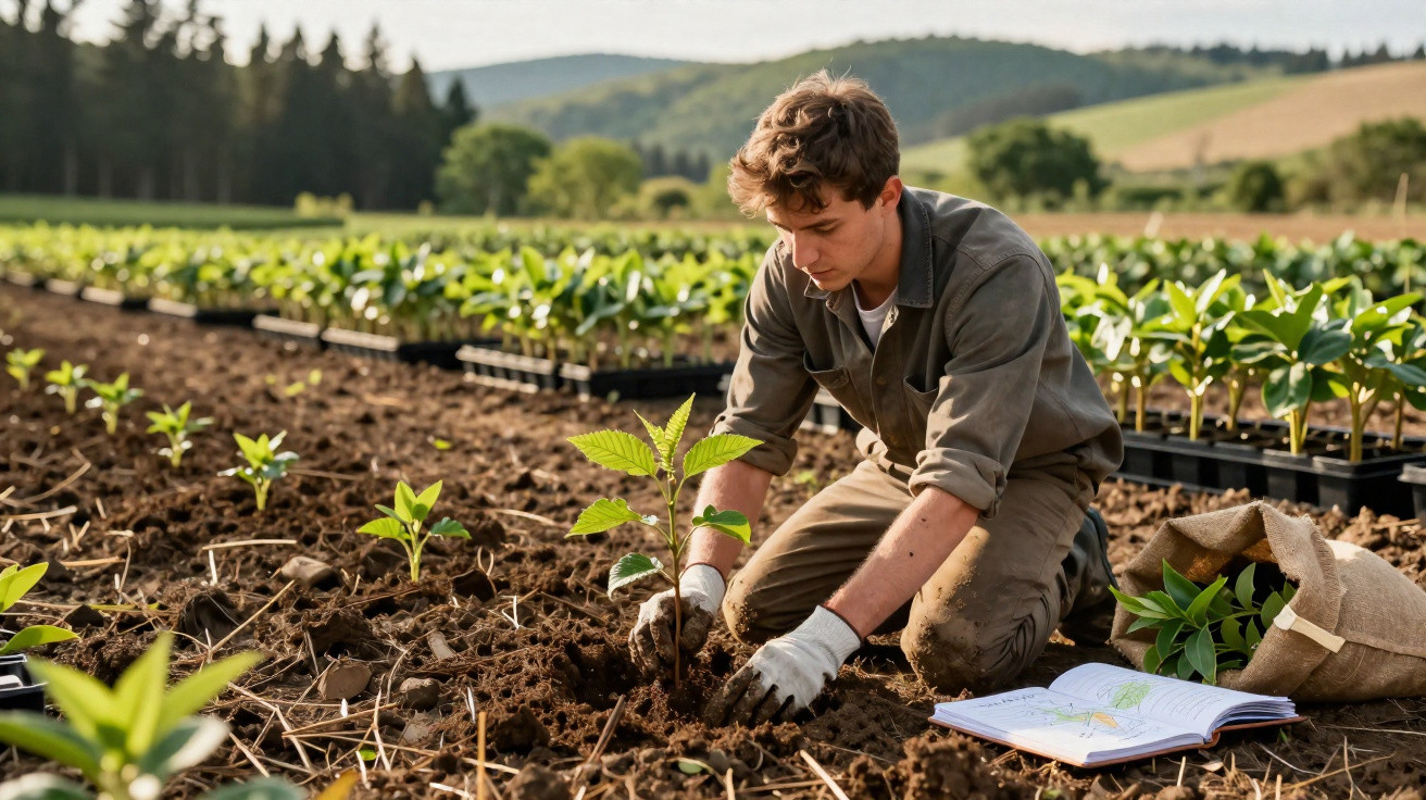 Jovem plantando mudas no campo com luvas, ao lado de livro aberto e sacola com folhas verdes.