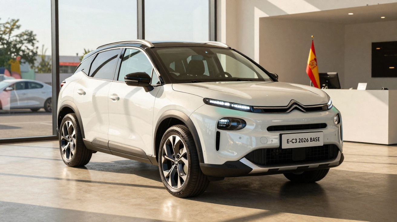 SUV Citroën branco modelo E-C3 2026 Base exibido em showroom espaçoso com iluminação natural.