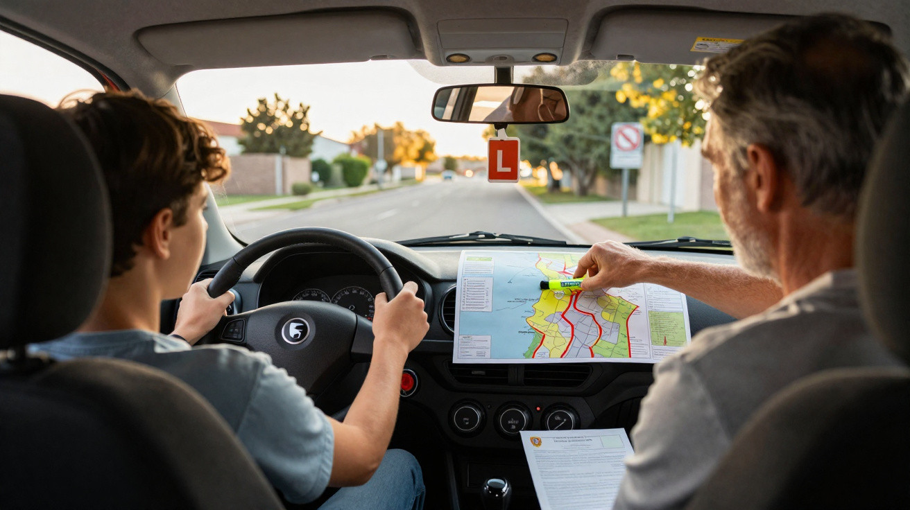 Aluno motorista jovem dirige carro com placa de aprendiz enquanto instrutor indica rota em mapa dentro do veículo.