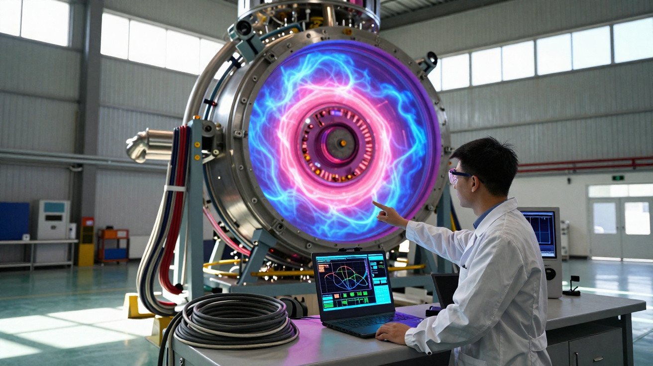 Cientista em laboratório interage com máquina futurista que exibe campo energético circular colorido.